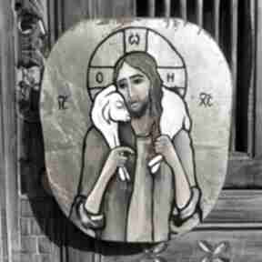 "dobry pasterz" ikona ręcznie malowana i złocona, na teakowym drewnie o wymiarach 26cm x 23cm