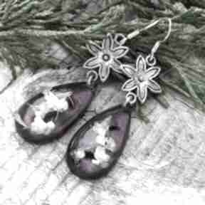 łezki z kwiatami na malowanym tle k240 herbarium jewelry fioletowe kolczyki - biżuteria