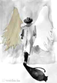 w kapeluszu" z dodatkiem piórka artystki plastyka laube adriana art obraz, anioł, akwarele