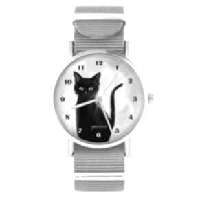 Zegarek - czarny kot, cyfry szary, nylonowy zegarki yenoo, pasek, dla kociary, niej, prezent