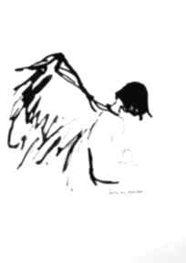 "spotkanie z aniołem" czarnym artystki laube adriana art tuszem, rysunek grafika, anioł a4