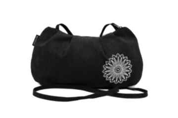Mała czarna torebka damska z białym haftem na ramię reka production zamszowa, z wyszywana