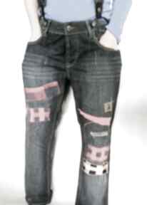 Spodnie jeansy podszywane patchworkowo kolorowe boho ruda klara, jeans, szelki, etno