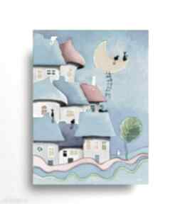 Bajkowe miasteczko obraz akrylowy formatu 30x40 cm paulina lebida, akryl, koty, domki