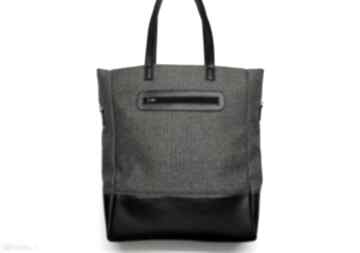 Shopper bag w jodełkę i skóra czarna na ramię torebki niezwykle elegancka, nowoczesna, tkanina