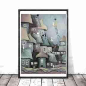 Bajowe kotów - obraz akrylowy format 40 30cm paulina lebida bajka, miasteczko, abstrakcja
