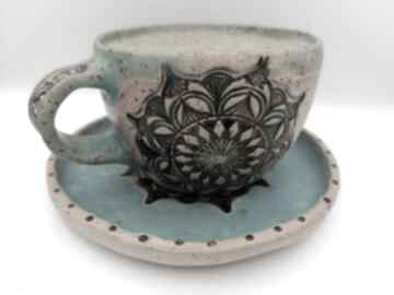 Komplet "mandala w turkusie" 2 ceramika eva art rękodzieło, filiżanka z gliny, do kawy