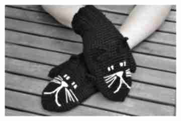 Rękawiczki koty czarne rękawice na szydełku i drutach damskie zimowe jednopalczaste eve made