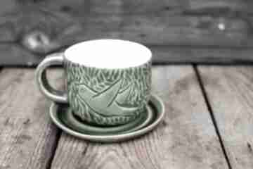 Ceramika azul horse na prezent, kubek do kawy, zielona filiżanka, leśna motyw ptaka