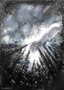 "nocne niebo" obraz techniką mieszaną na papierze A3 artystki adriany laube art, las, drzewa