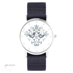 yenoo folkowe, niebieskie granatowy, zegarki zegarek, nato, pasek, ptaszki, prezent