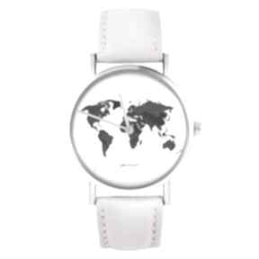 Zegarek - mapa świata 2 pudrowy róż, skórzany zegarki yenoo - pasek - świat