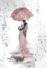 "pod parasolem" akwarela artystki adriany laube - miłość, zakochani, w deszczu art, walentynki