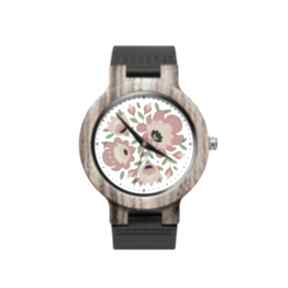 Drewniany zegarek na czarnym pasku z grafiką wiosenny folk zegarki ludowe love kwiaty, folklor