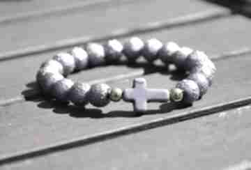 gniecione z fioletowym krzyżem bracelet by sis fiolet, perły, krzyż, howlit, kamienie