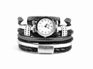 czarno zegarki megi mikos srebrny, damski zegarek, bransoletka z zegarkiem, owijany, efektowny