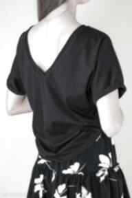Czarny t-shirt z dekoltem na plecach, krótki rękawek wysoka jakość bawełna bluzki lona
