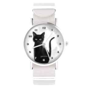 Zegarek - czarny kot, cyfry brzoskwiniowy róż zegarki yenoo, nylonowy pasek, dla kociary