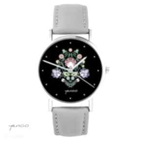 yenoo - czarny szary, zegarki zegarek, folkowy, bransoletka, skórzany, grafika, prezent