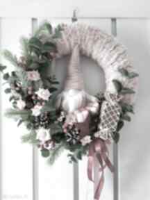Prezent! Różowy dekoracje delphinium na drzwi, wianek skrzat, stroik świąteczny