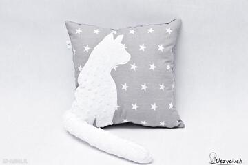 Poduszka z kotem i ogonem, kot 3d biały w gwiazdach, prezent dla kociary, koty uszyciuch