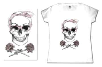 Pinupskull&roses in white koszulki take art t-shirt, hand painted, ręcznie, malowana