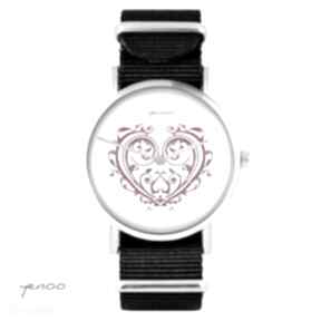 Zegarek - serce ornamentowe czarny, nato zegarki yenoo, bransoletka - grafika, prezent