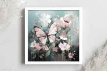 Turkusowy obraz z i kwiatami - wydruk artystyczny 50x50 cm - plakat z motylem