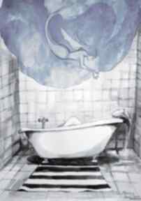 artystki plastyka laube adriana art akwarela, łazienka, wanna, syrenka, kąpiel