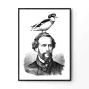 obraz z ptakiem na głowie 30x40 cm hogstudio, biały plakat, czarny abstrakcja