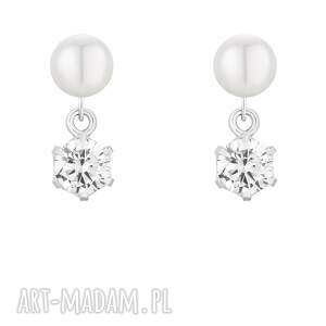 srebrne kolczyki perły z bezbarwnymi cyrkoniami, serce delikatne
