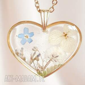 złoty naszyjnik z prawdziwymi kwiatami łąkowe serce, łąka, prawdziwe kwiaty