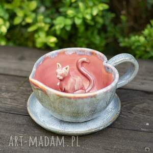 filiżanka z kotem -szaro różowa - serce rękodzieło - 300 ml ceramika na prezent