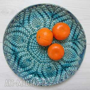 ceramika koronkowy dekoracyjny talerz, turkusowa patera, talerz z koronką