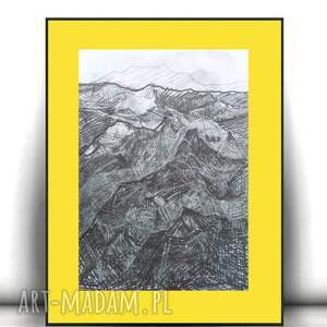 ręcznie malowany obraz z górami, żółto szara grafika do domu, góry rysunek 30x40, górski