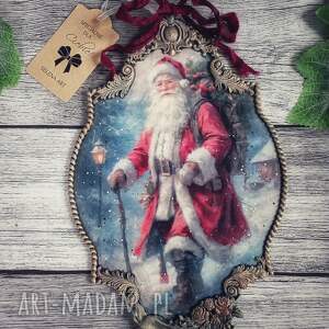 świąteczny medalion ze świętym mikołajem, decoupage vintage, shabby chic boże