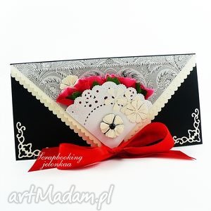 scrapbooking kartki elegancka kopertówka, kartka wstążka kwiaty