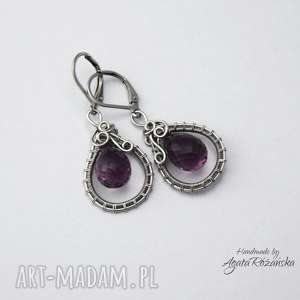 kolczyki kwarc ametystowy, wire wrapping, stal chirurgiczna