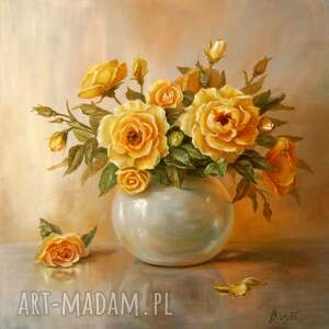 żółte róże, ręcznie malowany obraz olejny - kwiaty sztuka, oryginalny produkt