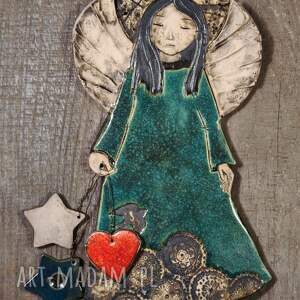 anioł wiszący ceramiczny z jaskółką, ceramika autorska, anioł