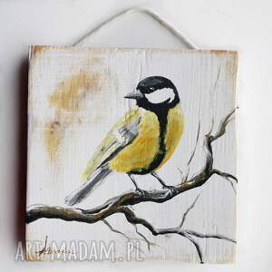 ptak sikorka obraz malowany na desce /12/, dekoracje z drewna