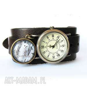 handmade bransoletka, zegarek - biała sowa - ciemnobrązowy, skórzany