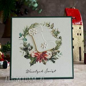 Personalizowana kartka na Boże Narodzenie BN 22E 14x14 cm - biała i świąteczna zieleń