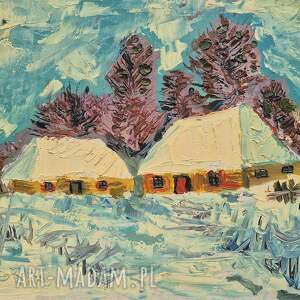 obraz zimowa cisza, obrazy olejne, babcia z pieskiem babci i dziadka