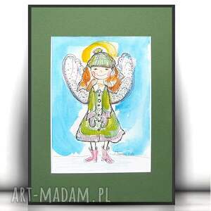 handmade pokoik dziecka z aniołkiem, aniołek akwarela, obrazek do pokoju dziewczynki