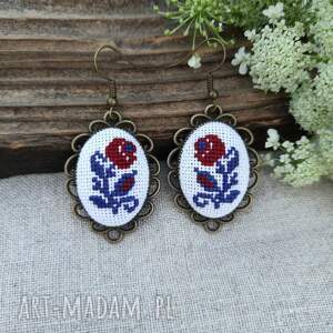 kolczyki z haftem ukraińskim, ręcznie haftowane, folk stylu