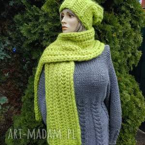 Zielony komplet z grubego merynosa, wełniany zimowy