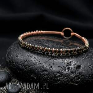 Miedziana bransoletka z obsydianem - wire wrapping autorski projekt