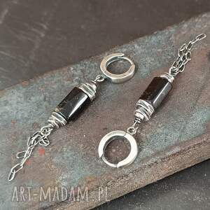kolczyki z czarnym turmalinem srebro oksydowane 925, surowa biżuteria