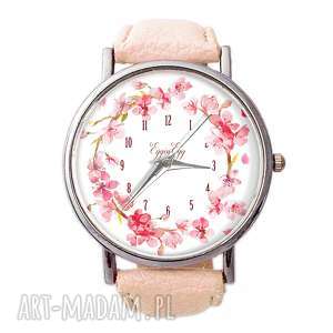 zegarki kwiat wiśni - skórzany zegarek z dużą tarczą